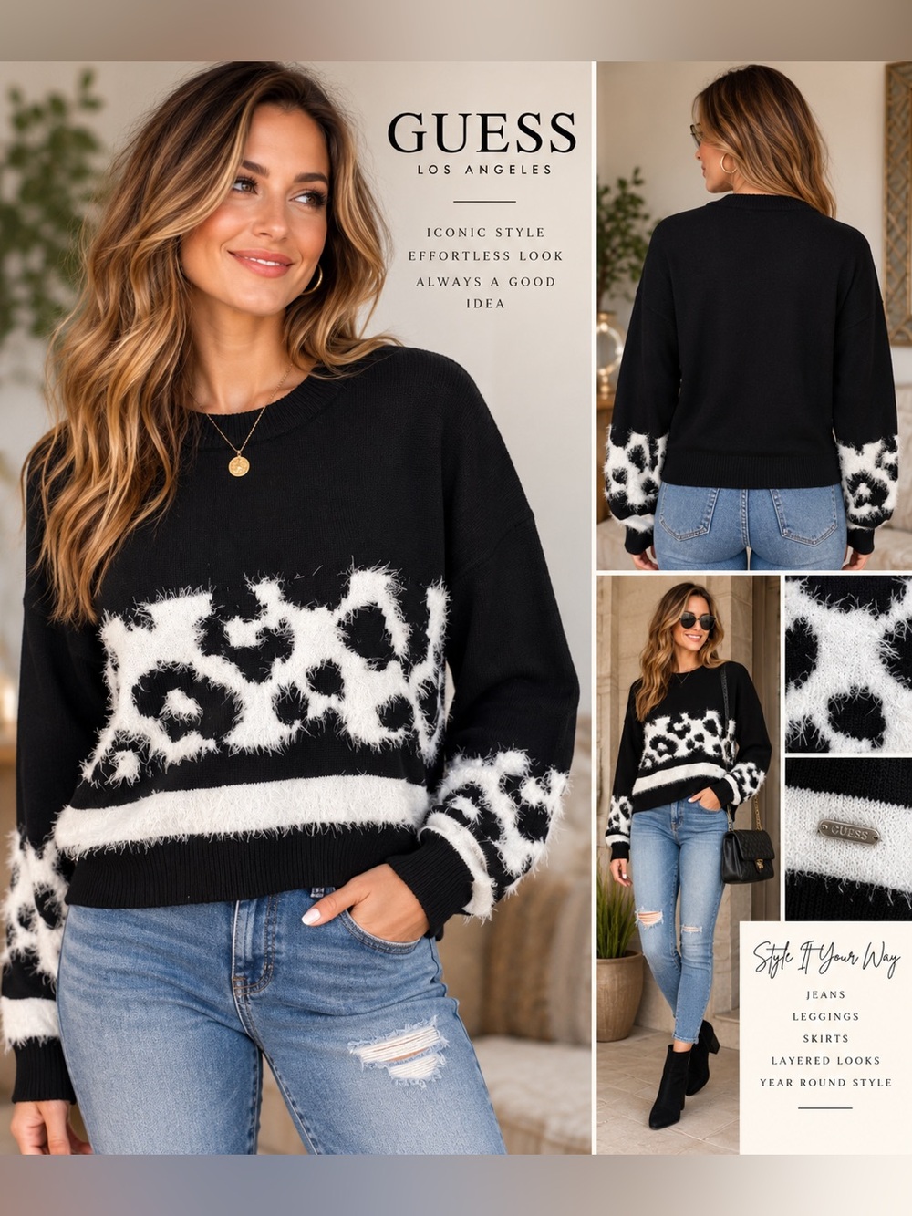 GUESS Stacie Jacquard Sweater Black White Fuzzy Animal Print Knit- size L